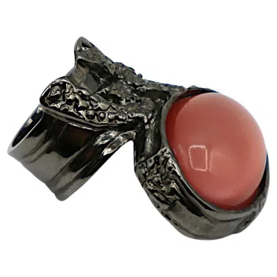 Pre-owned Saint Laurent Yves  Ysl Arty Pink Cabochon Ruthenium Tone Ring