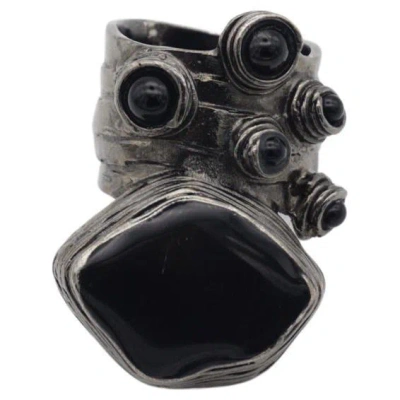 Pre-owned Saint Laurent Yves  Ysl Black Cabochon Enamel Silver Dots Chunky Ring, Size 6