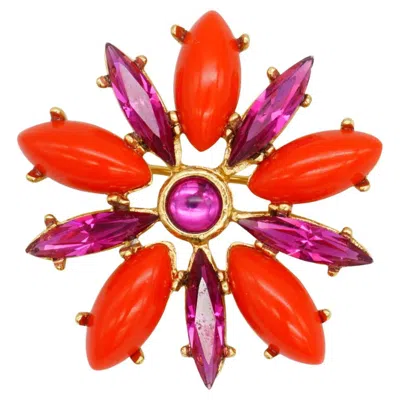 Pre-owned Saint Laurent Yves  Ysl Gold Fuchsia Red Crystals Flower Marquise Openwork Brooch