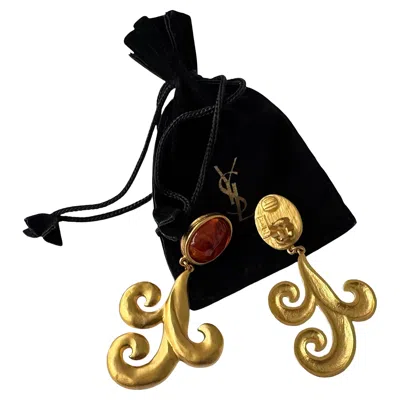 Pre-owned Saint Laurent Yves  Ysl Goossens Amber Resin Dangling Clip On Earrings In Brown
