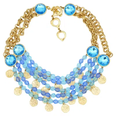 Pre-owned Saint Laurent Yves  Ysl Gripoix Blue Cabochon Beads Coins 5 Layers Bib Necklace