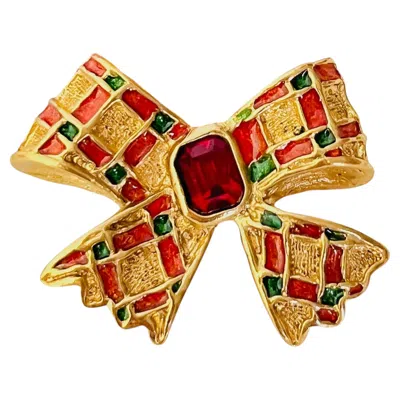 Pre-owned Saint Laurent Yves  Ysl Gripoix Gold Red Ruby Green Bow Octagon Patchwork Brooch