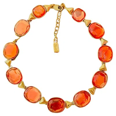 Pre-owned Saint Laurent Yves  Ysl Gripoix Orange Crystals Oval Cabochon Triangle Necklace
