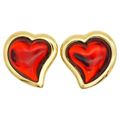 Pre-owned Saint Laurent Yves  Ysl Gripoix Ruby Vintage Large Heart Love Cabochon Earrings In Multi