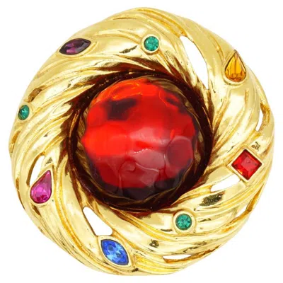 Pre-owned Saint Laurent Yves  Ysl Huge Round Ruby Crystals Fuchsia Emerald Sapphire Brooch In Green