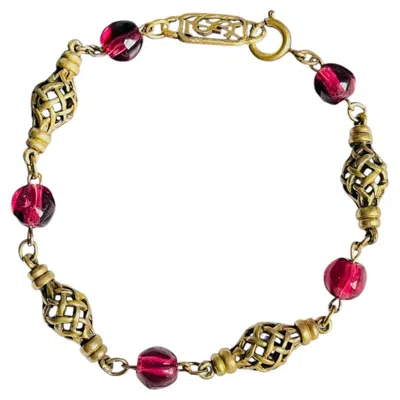 Pre-owned Saint Laurent Yves  Ysl Iconic Gold Red Ruby Cabochon Openwork Link Bracelet