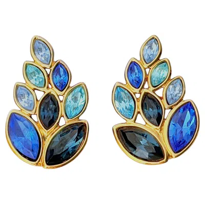 Pre-owned Saint Laurent Yves  Ysl Iconic Gold Sapphire Blue Crystals Marquise Leaf Earrings