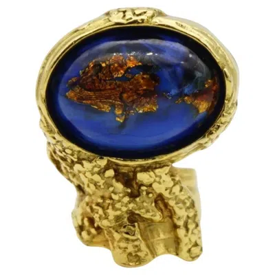 Pre-owned Saint Laurent Yves  Ysl Large Gold Foil Lapis Blue Navy Cabochon Cocktail Ring 5