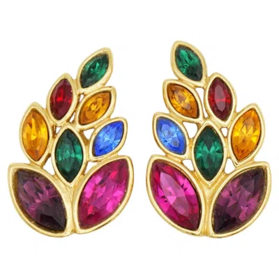 Pre-owned Saint Laurent Yves  Ysl Red Ruby Sapphire Emerald Crystals Marquise Leaf Earrings