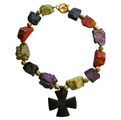 Pre-owned Saint Laurent Yves  Ysl Rive Gauche Vintage Faux Stones Cross Pendant Necklace In Multi
