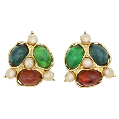 Pre-owned Saint Laurent Yves  Ysl Robert Goossens Gripoix Emerald Pearls Cabochon Earrings In Green