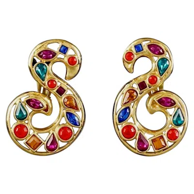 Pre-owned Saint Laurent Yves  Ysl Robert Goossens Scroll Multi Colored Rhinestone Earrings In Sand