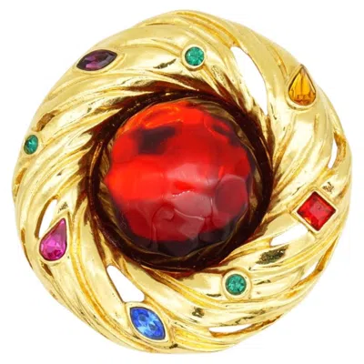 Pre-owned Saint Laurent Yves  Ysl Round Ruby Fuchsia Emerald Sapphire Statement Brooch In Green