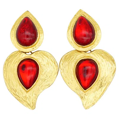 Pre-owned Saint Laurent Yves  Ysl Ruby Heart Massive Gripoix Cabochon Double Drop Earrings In Multi