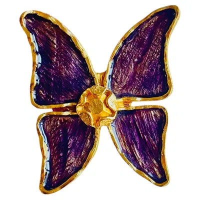 Pre-owned Saint Laurent Yves  Ysl Vintage 1980s Large Gold Purple Enamel Butterfly Brooch