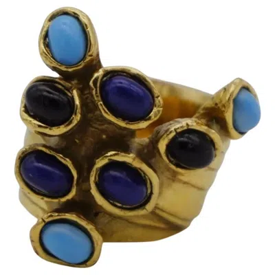 Pre-owned Saint Laurent Yves  Ysl Vintage Arty Gold Blue Navy Black Dots Statement Ring