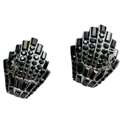 Pre-owned Saint Laurent Yves  Ysl Vintage Black Geometric Shell Crystals Chunky Earrings