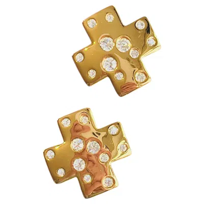 Pre-owned Saint Laurent Yves  Ysl Vintage Gold Cross Shining Crystals Statement Earrings In Multiple
