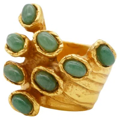 Pre-owned Saint Laurent Yves  Ysl Vintage Gold Green Emerald Cabochon Cocktail Chunky Ring