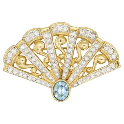 Pre-owned Saint Laurent Yves  Ysl Vintage Gold Gripoix Blue Aqua Crystal Fan Chunky Brooch