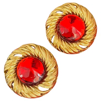 Pre-owned Saint Laurent Yves  Ysl Vintage Gold Gripoix Red Ruby Cabochon Statement Earrings