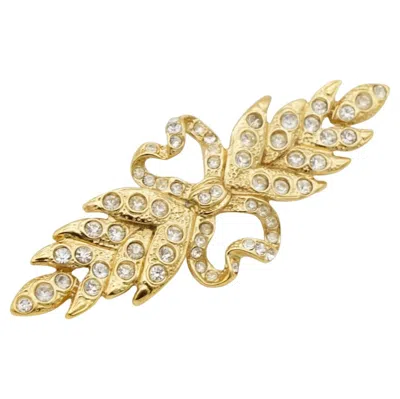 Pre-owned Saint Laurent Yves  Ysl Vintage Gold Long Leaf Feather Bow Heart Crystals Brooch In Multiple