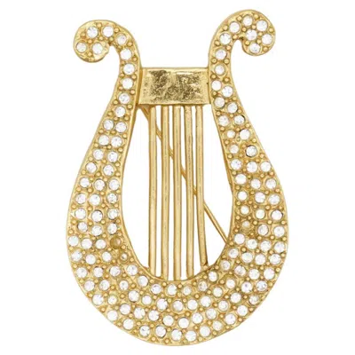 Pre-owned Saint Laurent Yves  Ysl Vintage Gold Lyre Harp Crystals Music Openwork Brooch In Multi