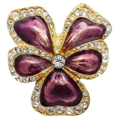 Pre-owned Saint Laurent Yves  Ysl Vintage Gold Purple Flower Pansy Crystals Chunky Ring