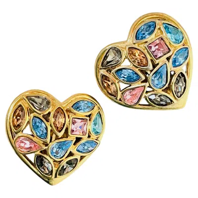 Pre-owned Saint Laurent Yves  Ysl Vintage Gold Rare Pink Sapphire Heart Statement Earrings
