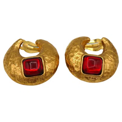 Pre-owned Saint Laurent Yves  Ysl Vintage Gold Tone Crescent Red Resin Clip-on Earrings