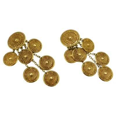 Pre-owned Saint Laurent Yves  Ysl Vintage Gold Tone Ethnic Aztec Pattern Dangle Earrings In Multi