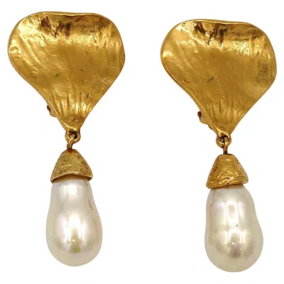 Pre-owned Saint Laurent Yves  Ysl Vintage Gold Toned Heart And Pearl Dangling Earrings In Multi