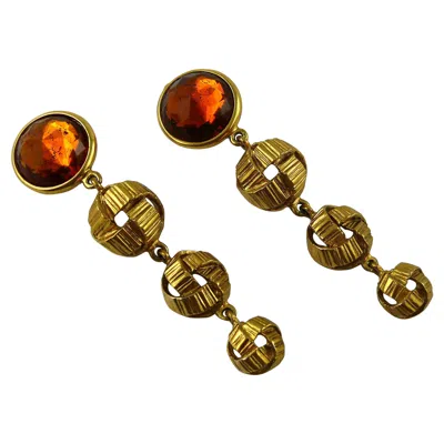 Pre-owned Saint Laurent Yves  Ysl Vintage Gold Toned Orange Resin Crystal Dangling Earrings