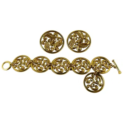 Pre-owned Saint Laurent Yves  Ysl Vintage Gold Toned Scrolls Bracelet And Earrings Set In Brown
