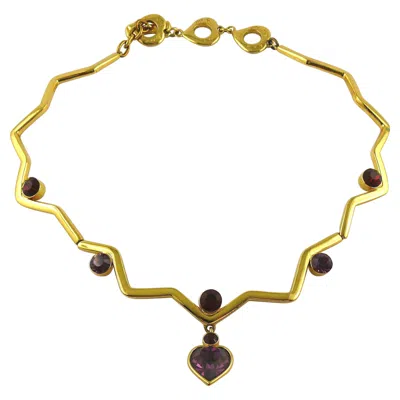 Pre-owned Saint Laurent Yves  Ysl Vintage Gold Toned Zig Zag Crystal Heart Pendant Necklace In Brown