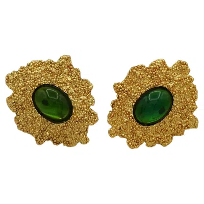 Pre-owned Saint Laurent Yves  Ysl Vintage Green Cabochon Textured Clip-on Earrings