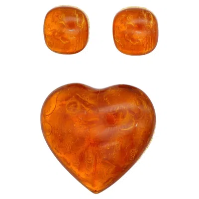 Pre-owned Saint Laurent Yves  Ysl Vintage Gripoix Amber Gold Heart Love Square 2 Set In Brown