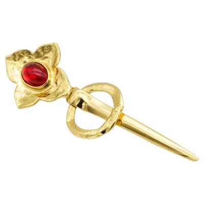 Pre-owned Saint Laurent Yves  Ysl Vintage Gripoix Red Ruby Gold Clover Crystal Long Brooch
