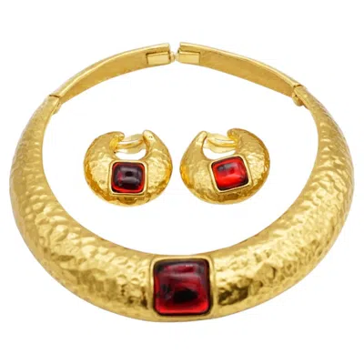 Pre-owned Saint Laurent Yves  Ysl Vintage Gripoix Ruby Square Crystal Crescent Chunky 2 Set In Multi
