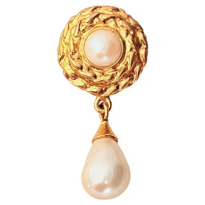 Pre-owned Saint Laurent Yves  Ysl Vintage Iconic Gold Long White Pearl Water Drop Brooch