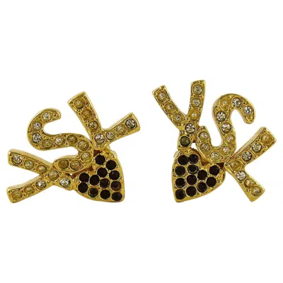 Pre-owned Saint Laurent Yves  Ysl Vintage Iconic Jewelled Initials Heart Clip-on Earrings In Brown