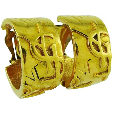 Pre-owned Saint Laurent Yves  Ysl Vintage Iconic Signature Hoop Earrings In Brown