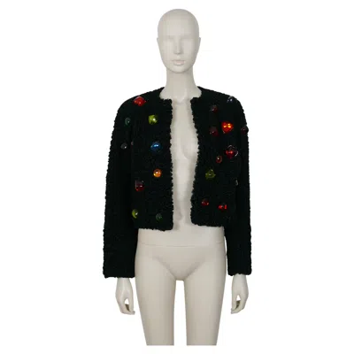 Pre-owned Saint Laurent Yves  Ysl Vintage Jewelled Black Astrakhan Fur Bolero Jacket