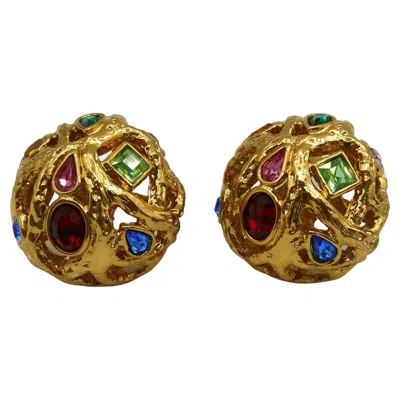 Pre-owned Saint Laurent Yves  Ysl Vintage Jewelled Domed Clip-on Earrings In Multi