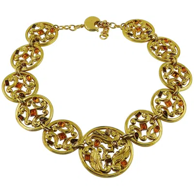Pre-owned Saint Laurent Yves  Ysl Vintage Jewelled Openwork Scroll Medallion Necklace In Brown