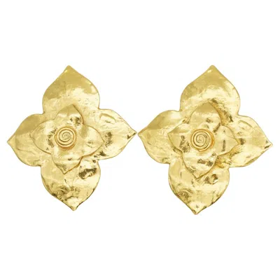 Pre-owned Saint Laurent Yves  Ysl Vintage Large Gold Double Layer Dogwood Flower Earrings In Multi