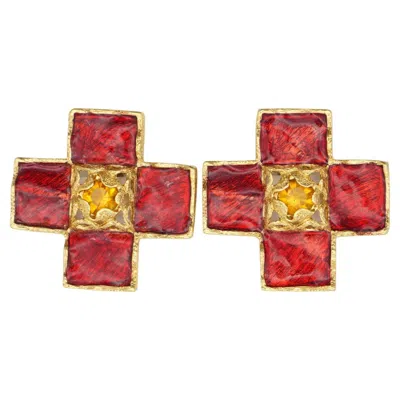 Pre-owned Saint Laurent Yves  Ysl Vintage Large Gold Gripoix Cross Red Statement Earrings