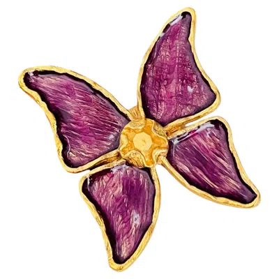 Pre-owned Saint Laurent Yves  Ysl Vintage Large Gold Purple Enamel Ripple Butterfly Brooch