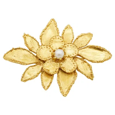 Pre-owned Saint Laurent Yves  Ysl Vintage Rare Gold Large White Pearl Flower Chunky Brooch