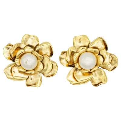 Pre-owned Saint Laurent Yves  Ysl Vintage Rare Gold Large White Pearl Statement Earrings